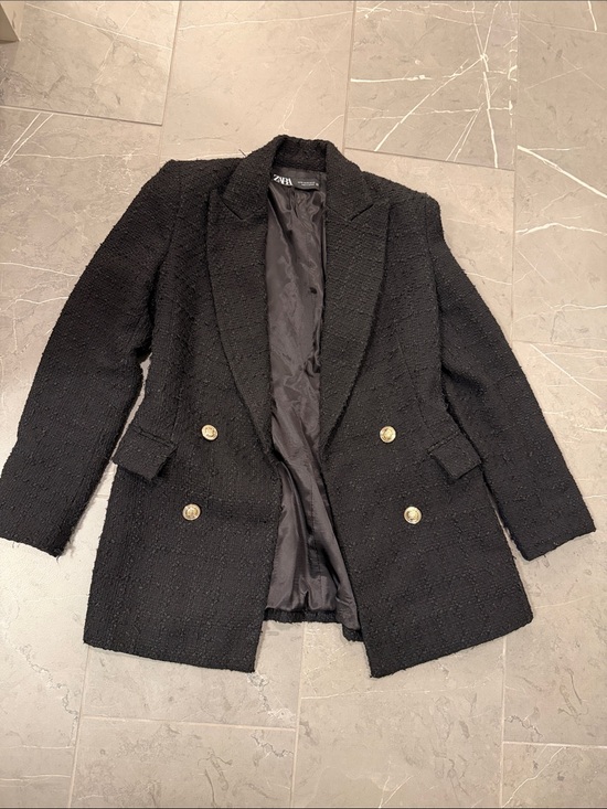 Zara Jackets & Blazers - Zara Black Tweed Double-Breasted Blazer with Gold Buttons